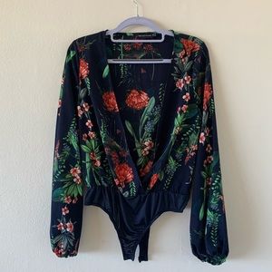Long Sleeve Deep V Floral Bodysuit